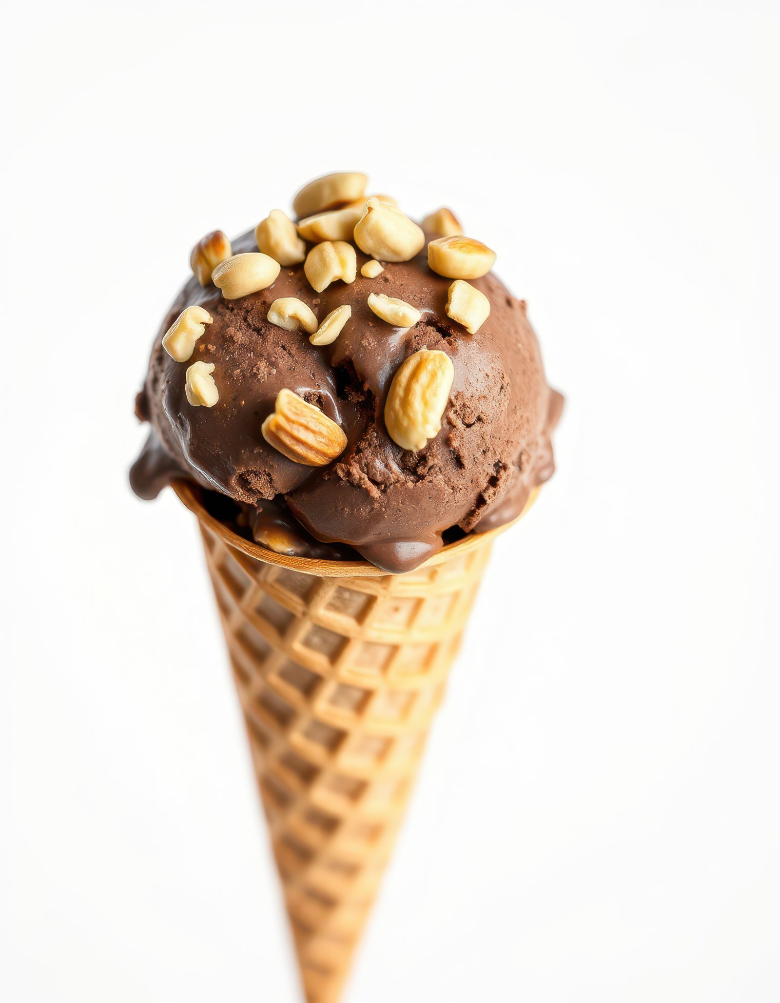 Delicious chocolate ice cream topped with crunchy peanuts in a waffle cone